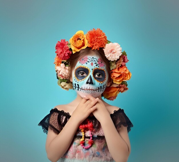 A girl with a flower crown and a skull face paint