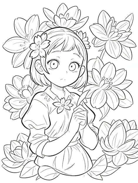 Girl with Flower Enchanting Line Art for Kids' Coloring Book