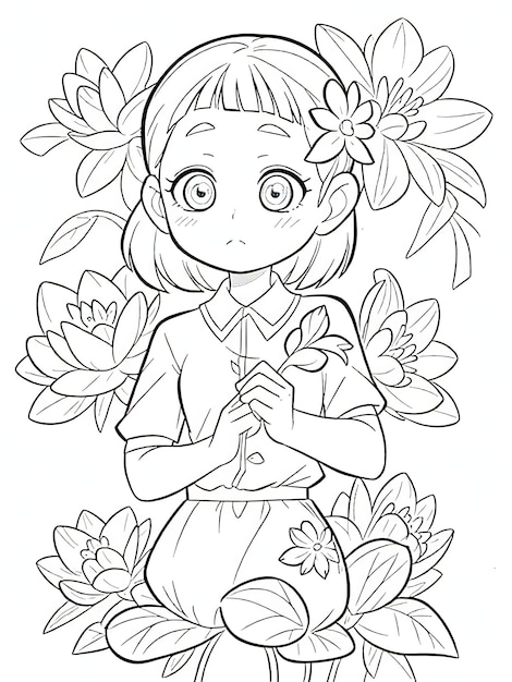 Girl with Flower Enchanting Line Art for Kids' Coloring Book