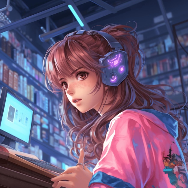 A girl with a flower in her hair is working on a computer.