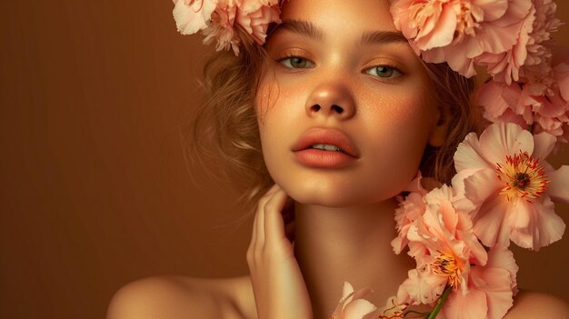 Girl with Flowers Glamorous Elegance and Exaggerated Facial Features