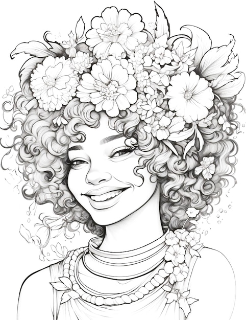 Photo girl with flowers in hair floral design elements for coloring book