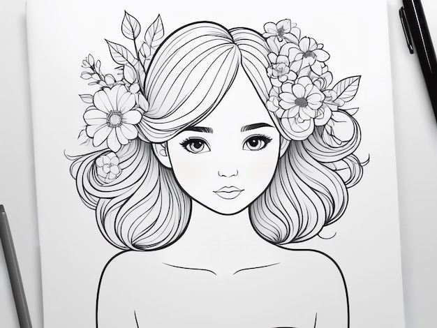 Photo girl with flowers in her hair coloring book line art