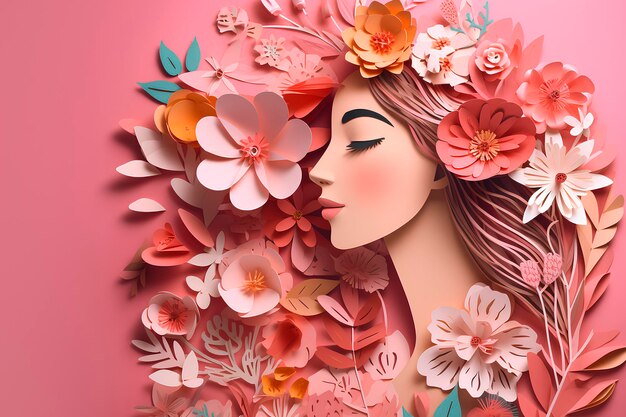 Girl with flowers on her head isolated on pink background in studio generative AI