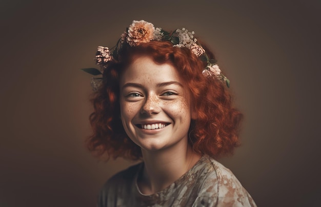 Girl with flowers on her head isolated on pink background in studio generative AI