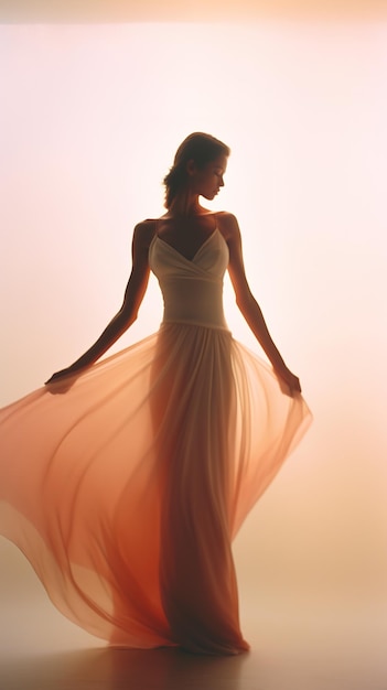 写真 砂漠の風に踊る流れる絹のドレスの女の子
