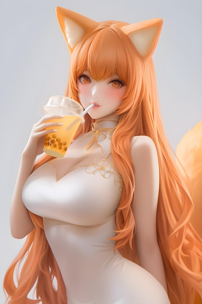 A girl with a fox tail drinking a glass of lemonade