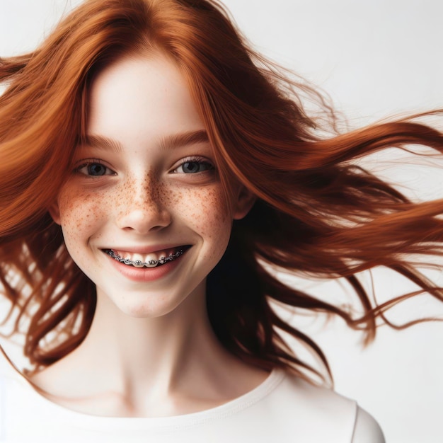 girl with freckles and red hair spinning with braces smiles closeup ai generative