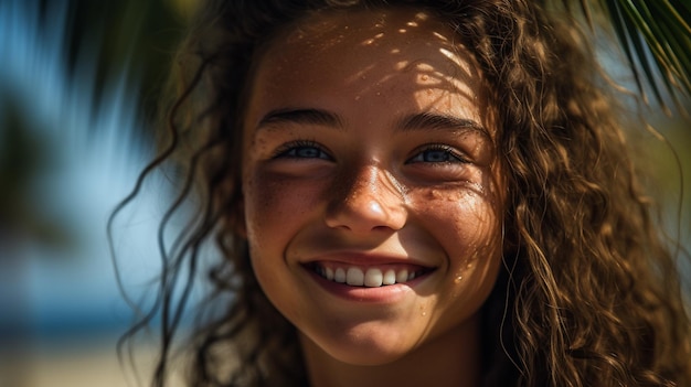 A girl with freckles smiles at the camera.