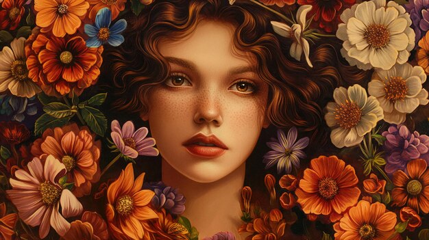 Photo girl with freckles surrounded by flowers closeup portrait