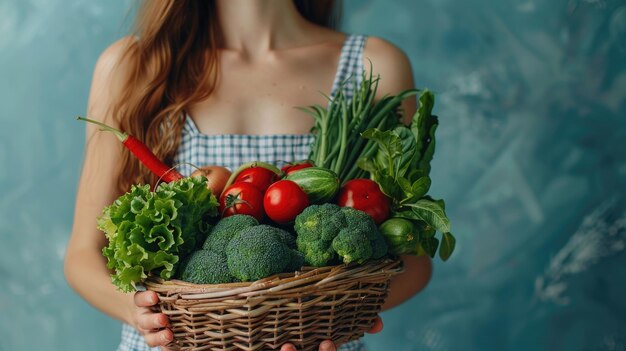 A girl with a fresh harvest of fruits and vegetables on a blue background