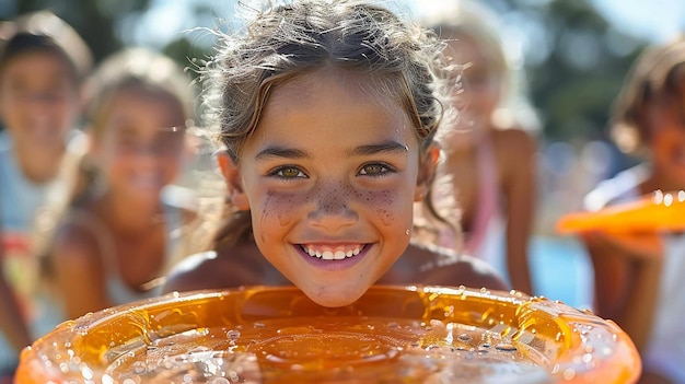 a girl with a frisbee in her mouth is smiling