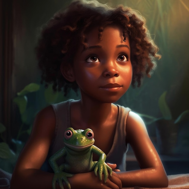 A girl with a frog that is looking at the camera