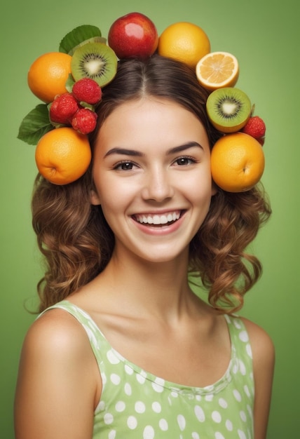 the girl with fruit on hair is shown in a composite image isolated on green and yellow backgroun