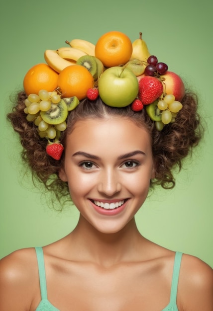 the girl with fruit on hair is shown in a composite image isolated on green and yellow backgroun