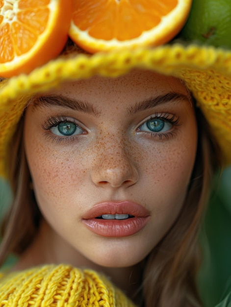 Photo the girl with fruit on hair is shown in a composite image