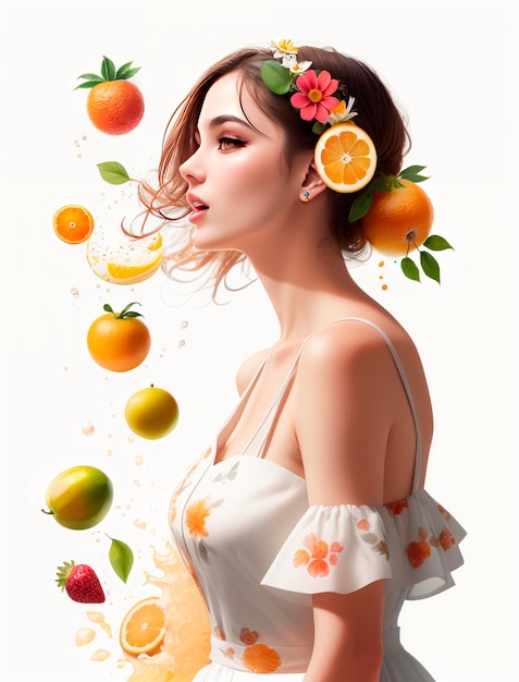 Девушка с фруктами и брызгами
