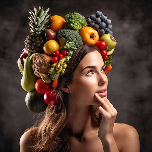 頭に果物や野菜を持つ女の子、食事とライフスタイルに関する適切な栄養のコンセプト