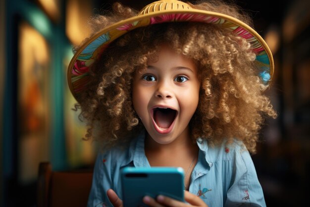 Girl with funny hat making a face at a smartphone in the style of teal and pink