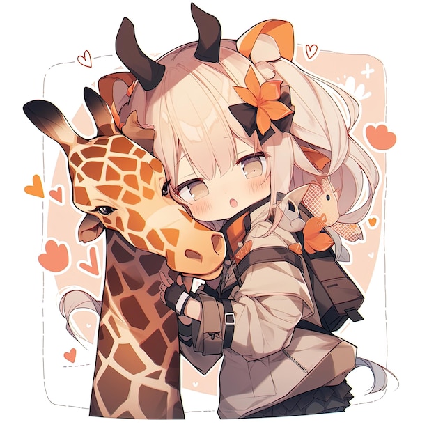 A girl with a giraffe and a heart on her head is hugging a giraffe.