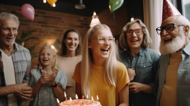 メガネをかけた女の子と誕生日と書かれたケーキ