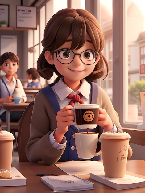 a girl with glasses and a cup of coffee