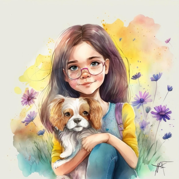 A girl with glasses and a dog