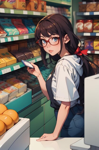 a girl with glasses looking at her phone in a store.