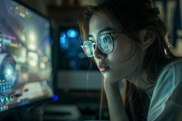girl with glasses looks at the monitor screen
