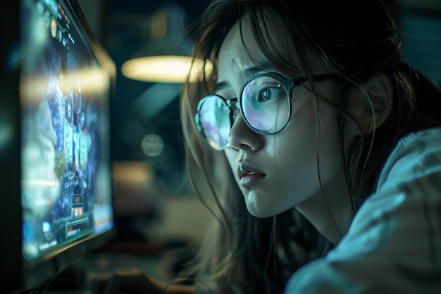 girl with glasses looks at the monitor screen