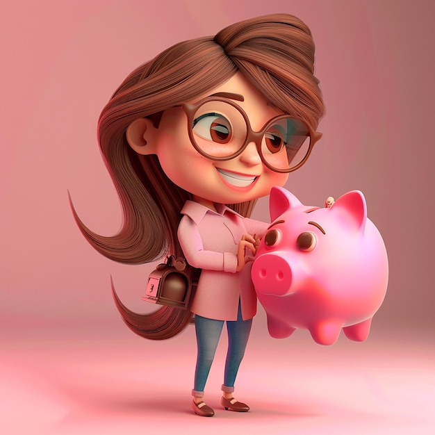 a girl with glasses and a piggy bank with a pink piggy bank in the background