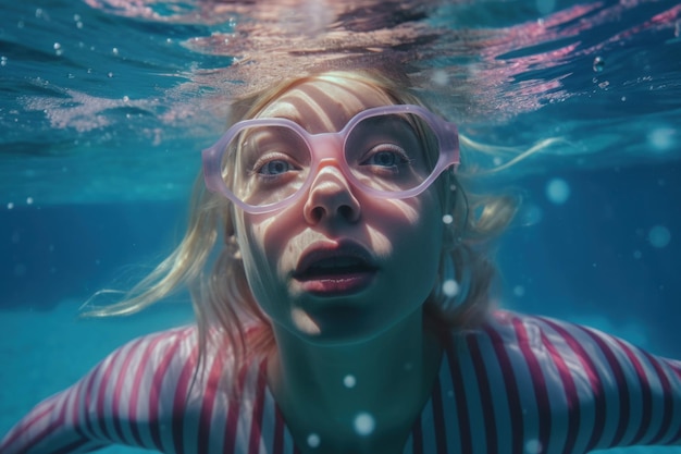 A girl with glasses and a pink striped shirt swims under water.