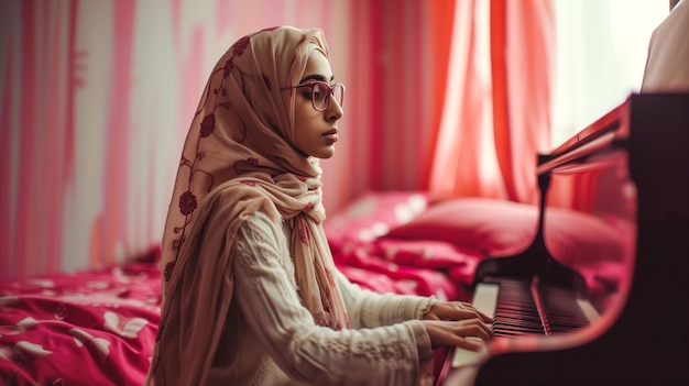 girl with glasses practices piano generated by ai