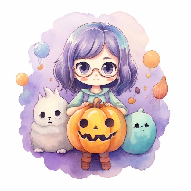 A girl with glasses and a pumpkin with a cat in the background.