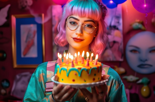 A girl with glasses and rainbow hair holds a cake with lit candles.