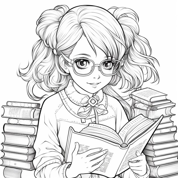 a girl with glasses reading a book while sitting on a pile of books generative ai