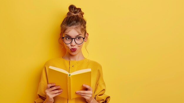 a girl with glasses reading a book on a yellow background