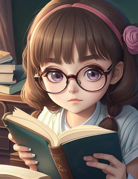 A girl with glasses reading a book