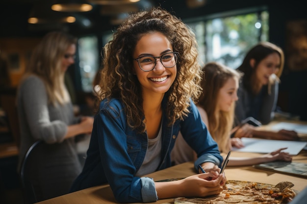 A girl with glasses sits at a table with other people in the background.