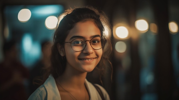 A girl with glasses smiles at the camera.