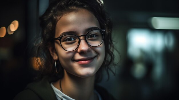 A girl with glasses smiles at the camera.