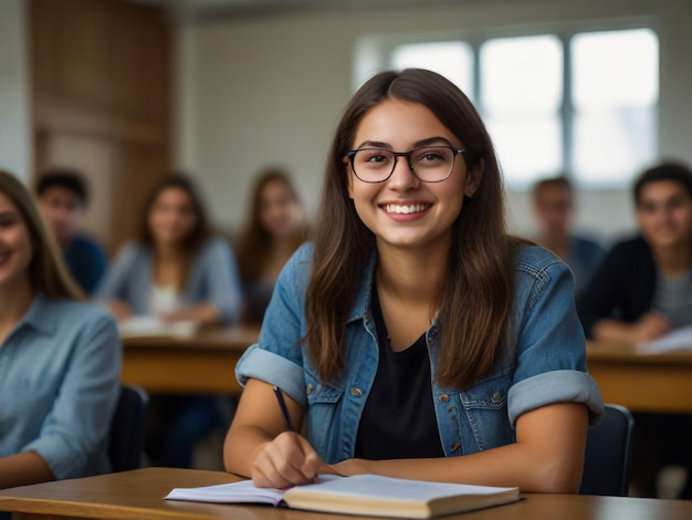 a girl with glasses smiling at the camera with a group of students in the background