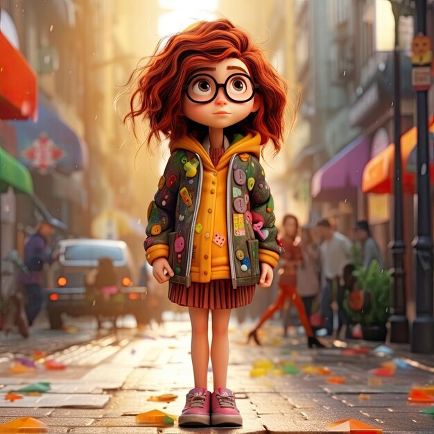 A girl with glasses stands in the rain in front of a storefront.