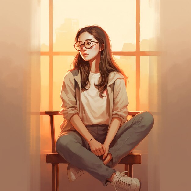 a girl with glasses and a sweater sits on a bench.