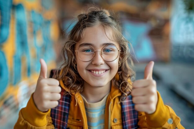 a girl with glasses that says thumbs up