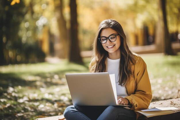 a girl with glasses using a laptop in the park