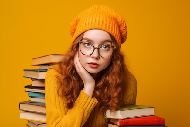 A girl with glasses and a yellow sweater sits in front of a stack of books.