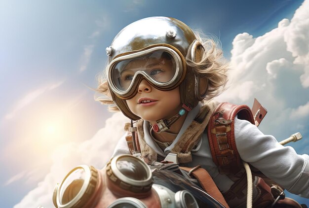 a girl with goggles is riding a rocket in the clouds in the style of photorealistic portraits