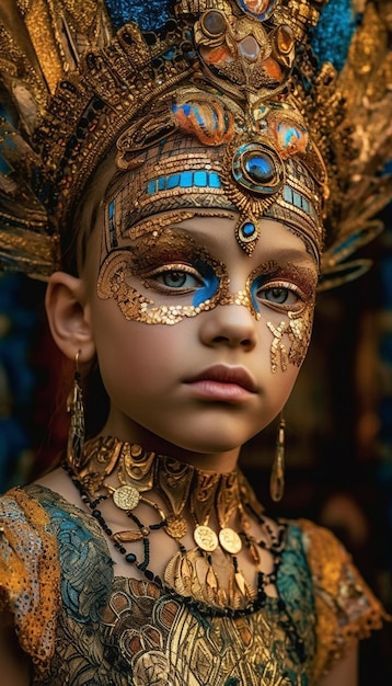 A girl with a gold face paint and gold paint