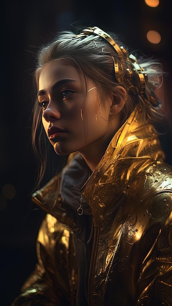 A girl with a gold jacket and a gold headband.